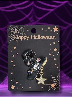 Black Witch's Hat Brooch Pin with Star Charm & Multicolored Crystals